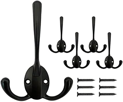 Mokife 5 Pack Black Rustic Coat Hooks Triple Prong Wall Mount