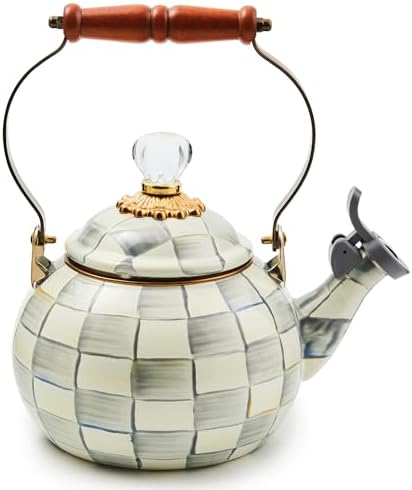 Mackenzie-Childs Enamel Whistling Tea Kettle Gray and White Sterling Check