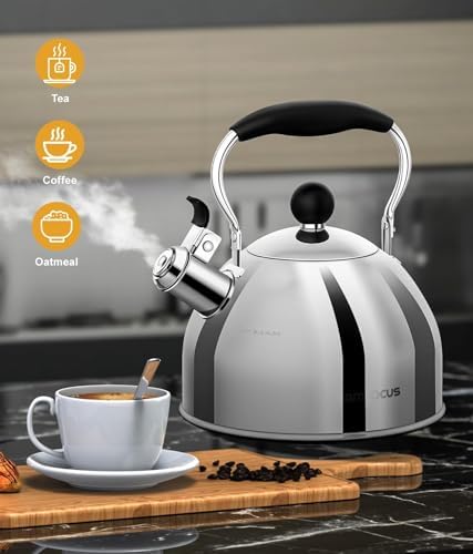 AMFOCUS 2 Quart Whistling Tea Kettle with Folding Handle