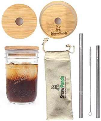 StrawPanda Bamboo Mason Jar Lids with Straw Hole 4 Wide Mouth Lids