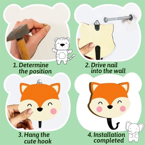 6Pcs Kids Safari Animal Coat Hooks for Wall