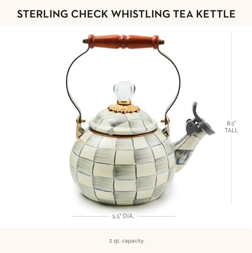 Mackenzie-Childs Enamel Whistling Tea Kettle Gray and White Sterling Check