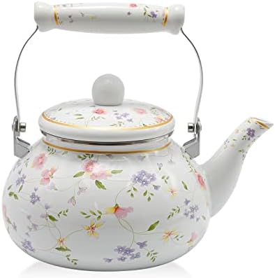Saihisday Enamel Teakettle with Green Rose Design
