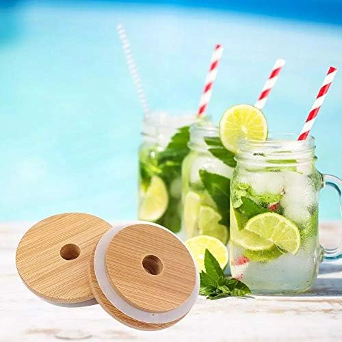 TOUSHI 4Pcs Bamboo Mason Jar Lids with Straw Hole