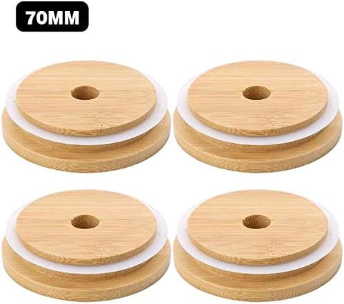 TOUSHI 4Pcs Bamboo Mason Jar Lids with Straw Hole