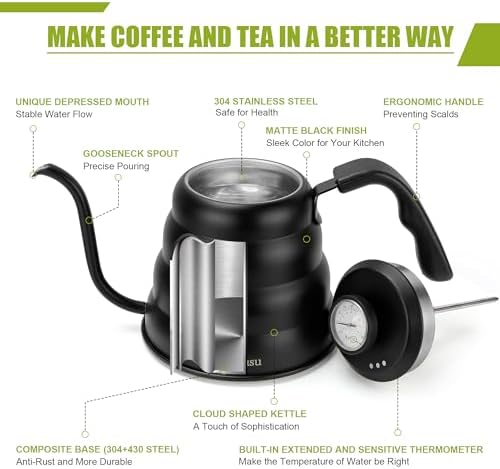 Apusu 40oz Gooseneck Tea Kettle with Thermometer