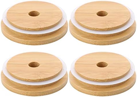 TOUSHI 4Pcs Bamboo Mason Jar Lids with Straw Hole
