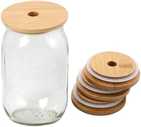 TOUSHI 4Pcs Bamboo Mason Jar Lids with Straw Hole