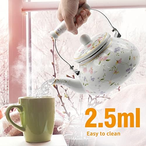 Saihisday Enamel Teakettle with Green Rose Design