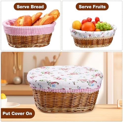 2 Pcs Wicker Bread Basket with Liner and Lid