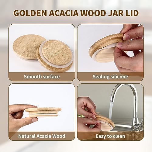 DingCo Reusable Mason Jar Lids Acacia Wood Silicone Sealing 8PCS Wide Mouth