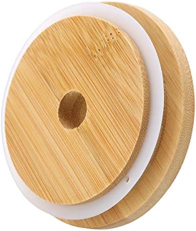 TOUSHI 4Pcs Bamboo Mason Jar Lids with Straw Hole