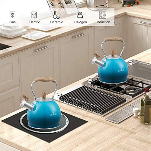 LUXGRACE 26 Qt Blue Whistling Tea Kettle with Aluminum Base