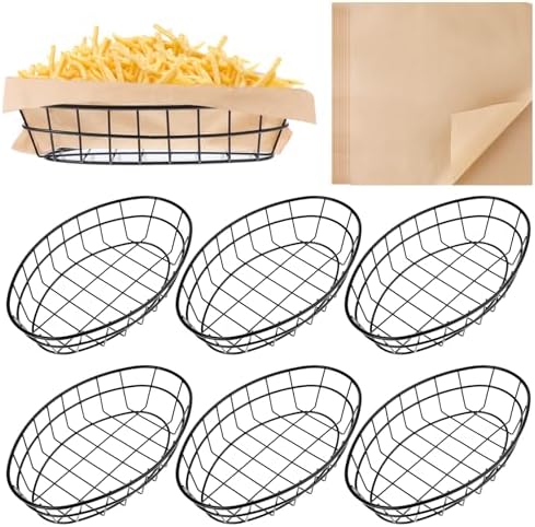 6 Pcs Metal Wire Bread Baskets with 100 Sheets Deli Wrappers
