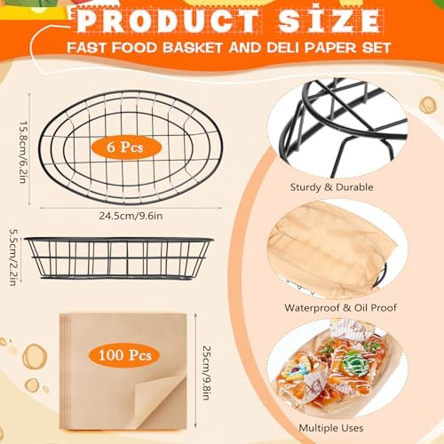 6 Pcs Metal Wire Bread Baskets with 100 Sheets Deli Wrappers