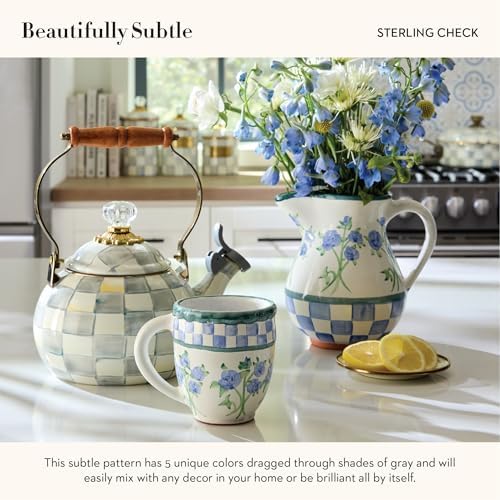 Mackenzie-Childs Enamel Whistling Tea Kettle Gray and White Sterling Check
