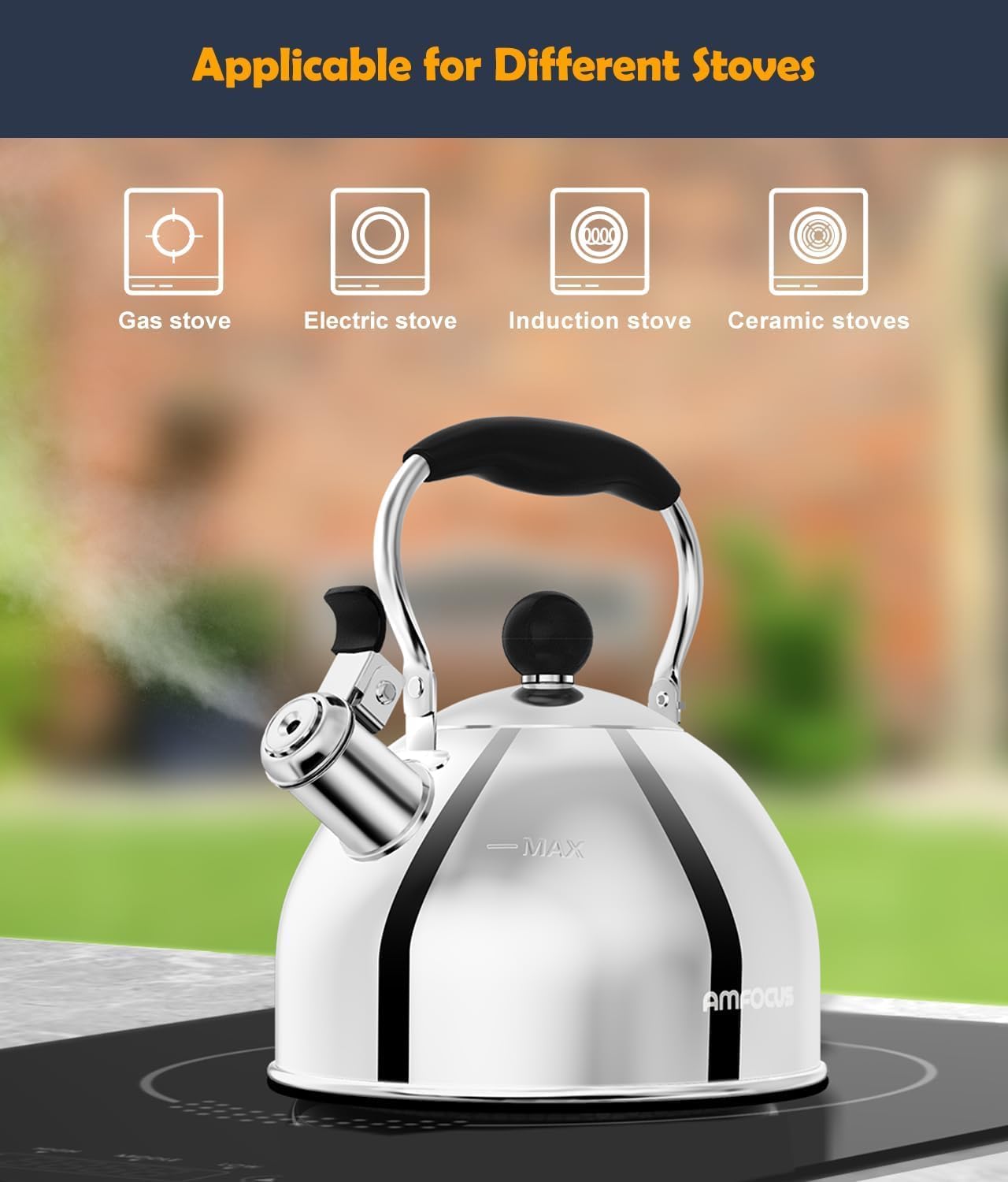 AMFOCUS 2 Quart Whistling Tea Kettle with Folding Handle