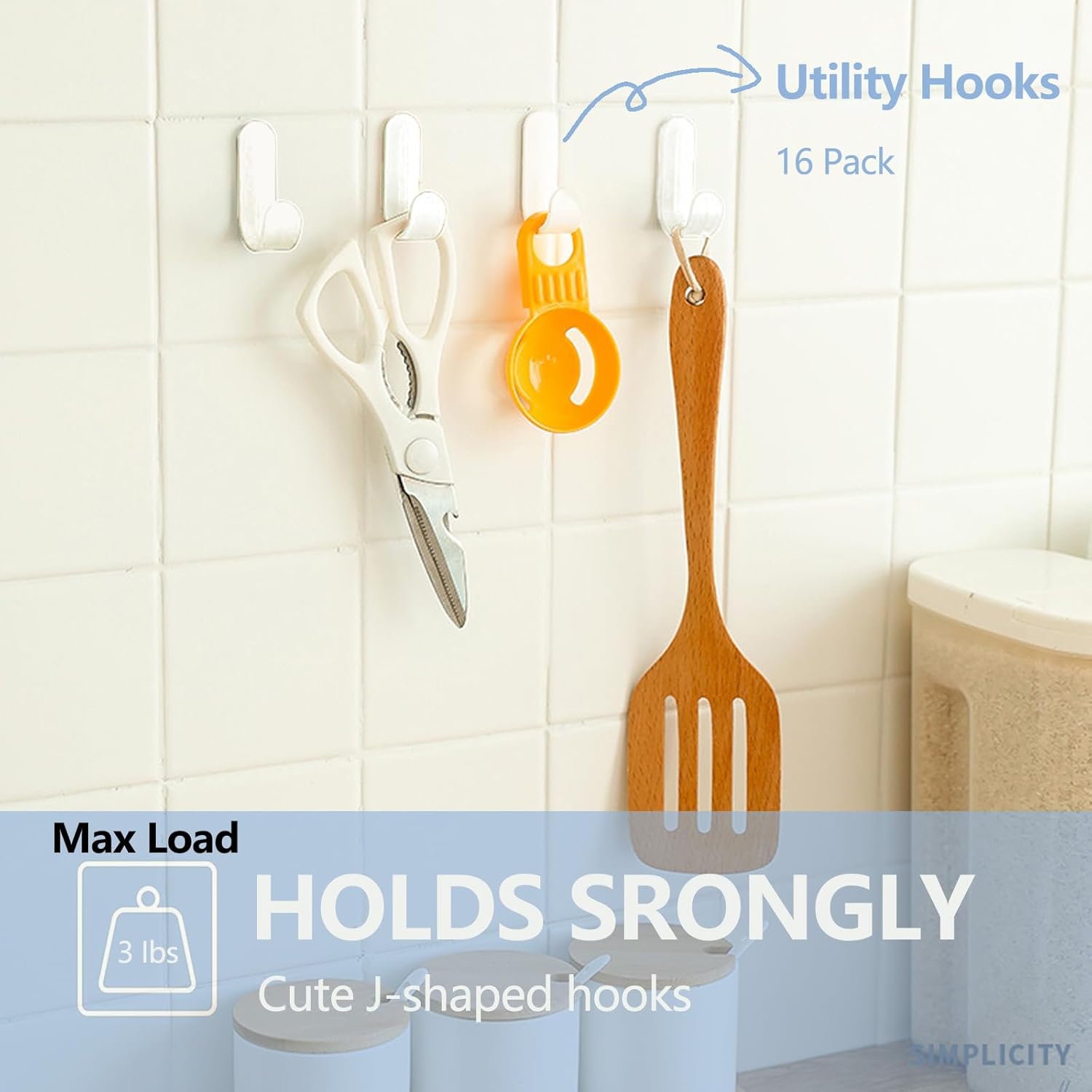 16 Pack J-Shaped Adhesive Hooks for Wall Damage-Free Key Holder
