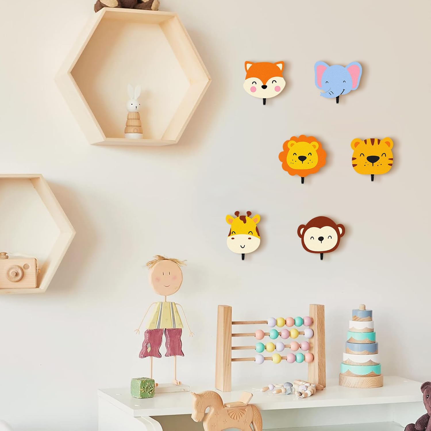 6Pcs Kids Safari Animal Coat Hooks for Wall