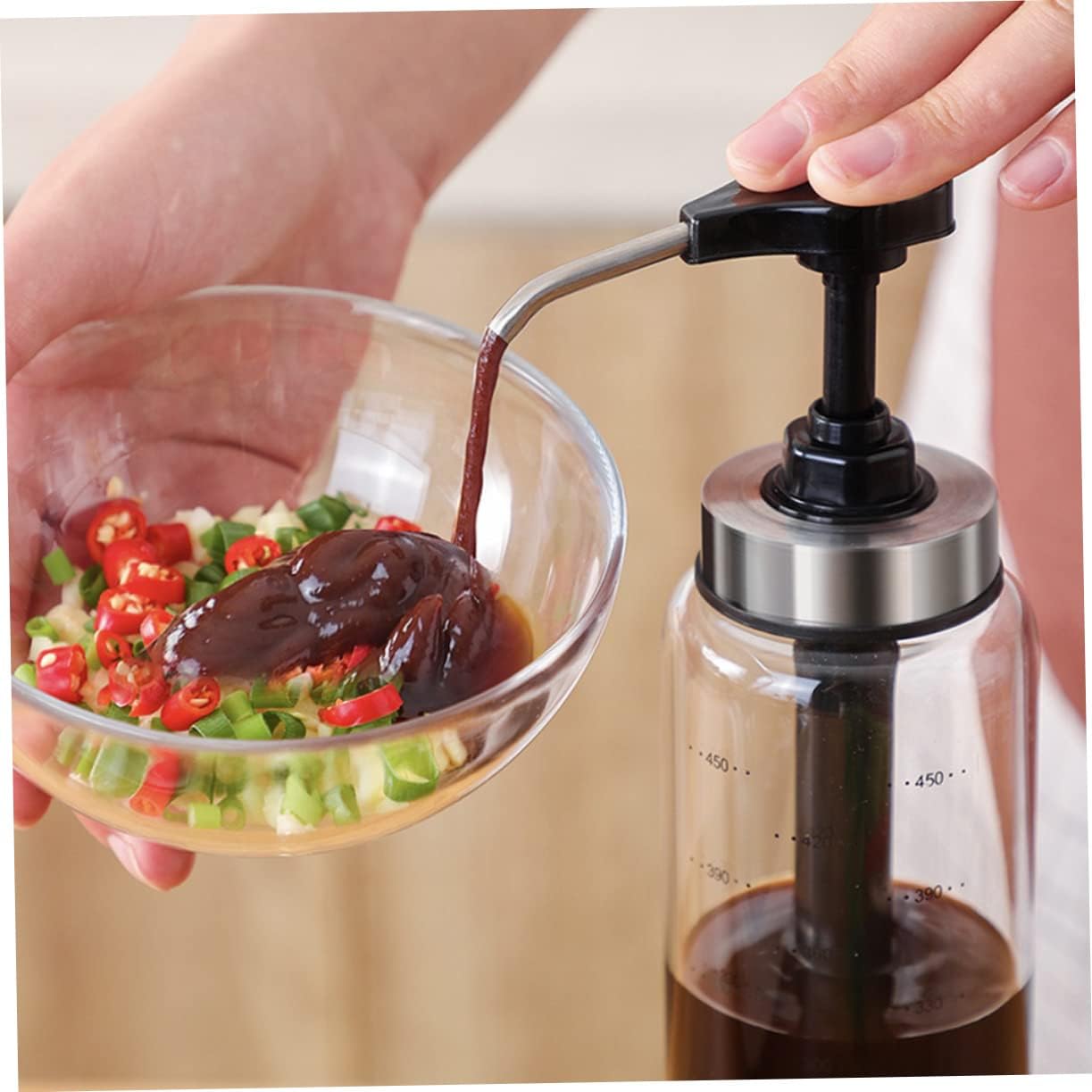 BRIGHTFUFU 500ml Glass and Steel Sauce Press Bottle