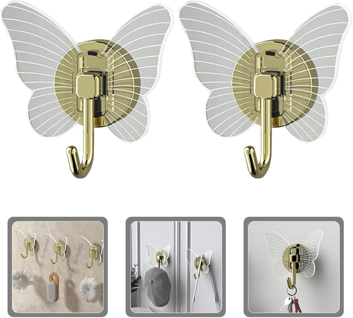 PRETYZOOM 2Pcs Self-Adhesive Butterfly Wall Hooks for Keys and Towels