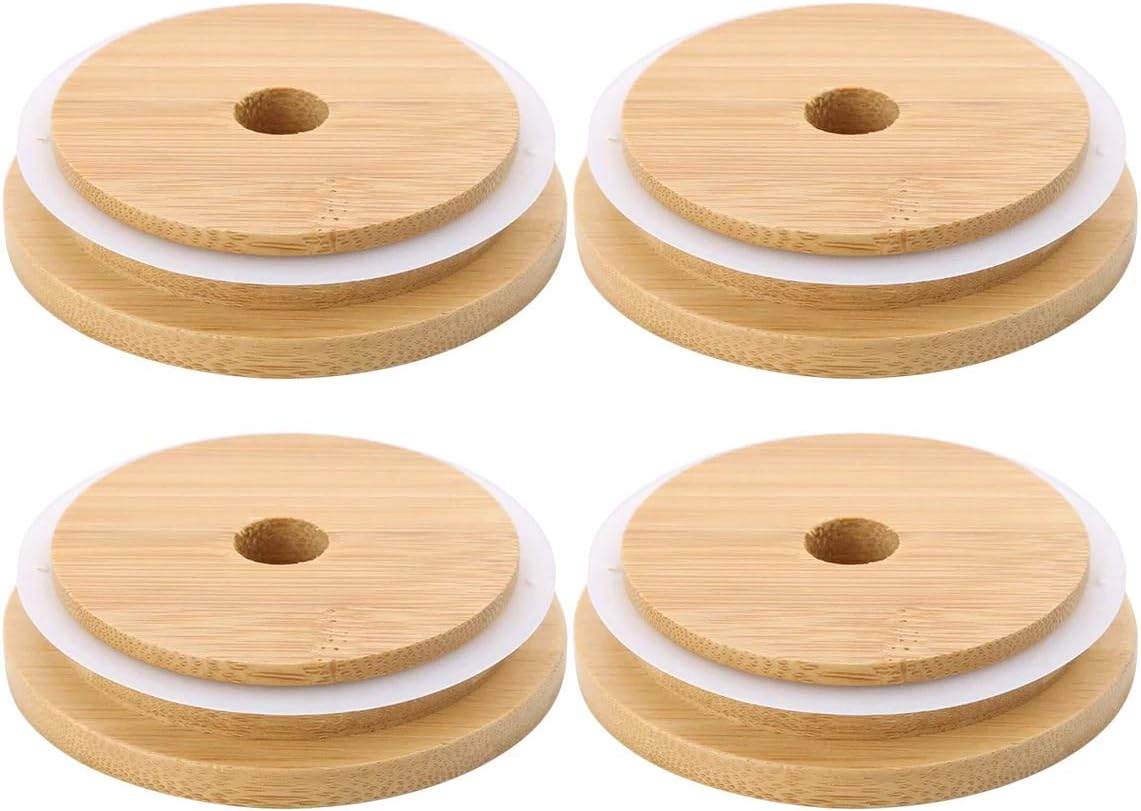 TOUSHI 4Pcs Bamboo Mason Jar Lids with Straw Hole