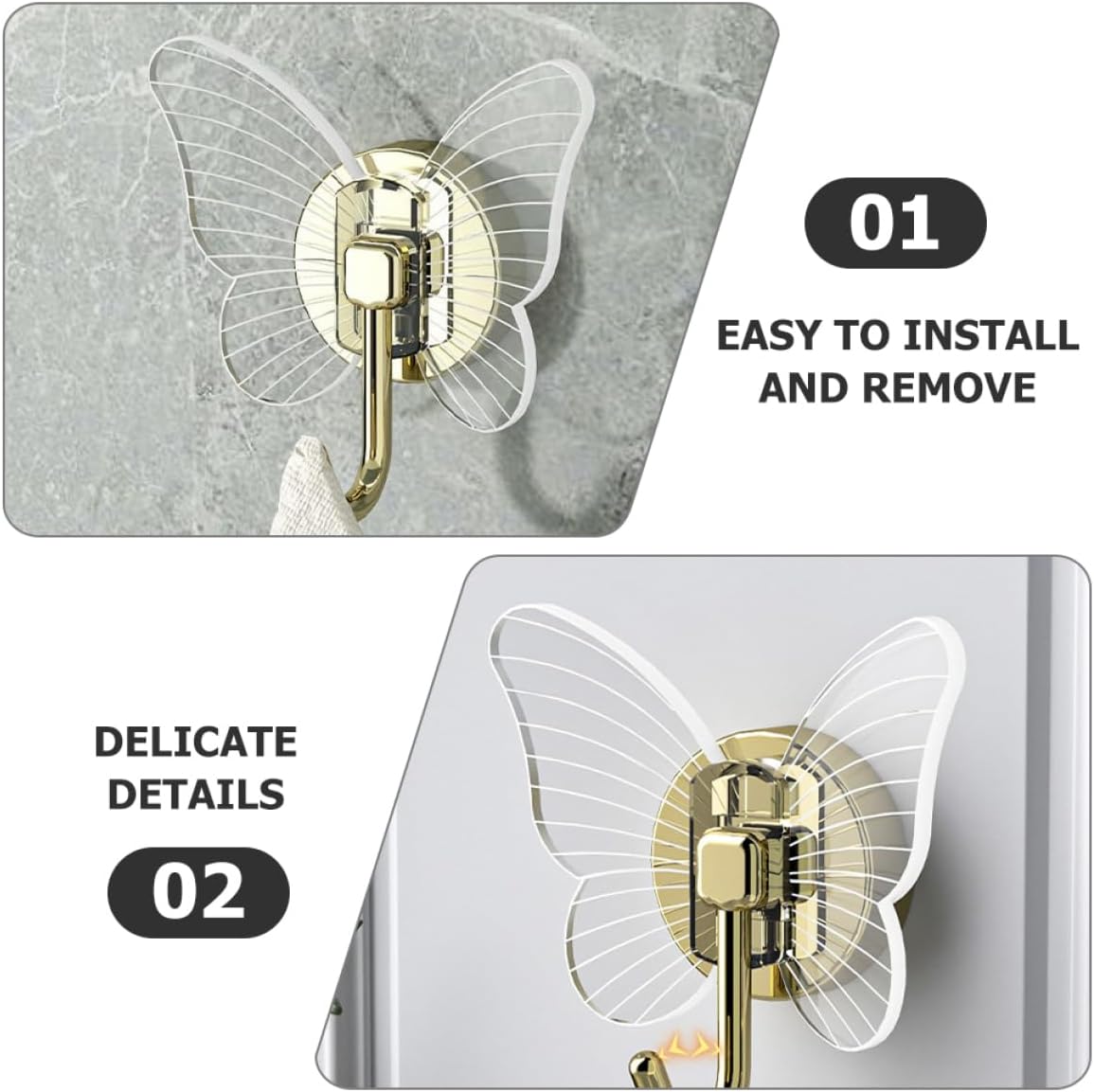 PRETYZOOM 2Pcs Self-Adhesive Butterfly Wall Hooks for Keys and Towels