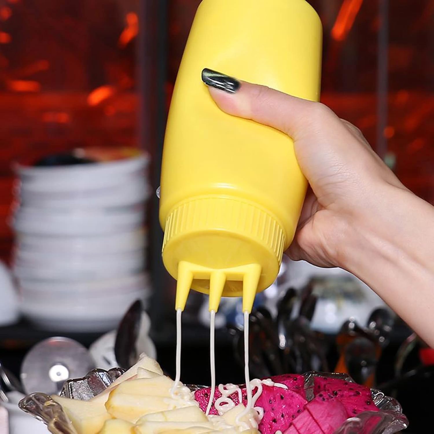 3-Head Squeeze Condiment Sauce Bottle with Cap for Kitchen