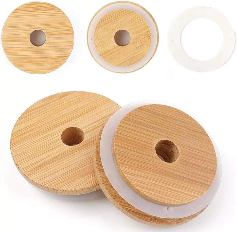 TOUSHI 4Pcs Bamboo Mason Jar Lids with Straw Hole