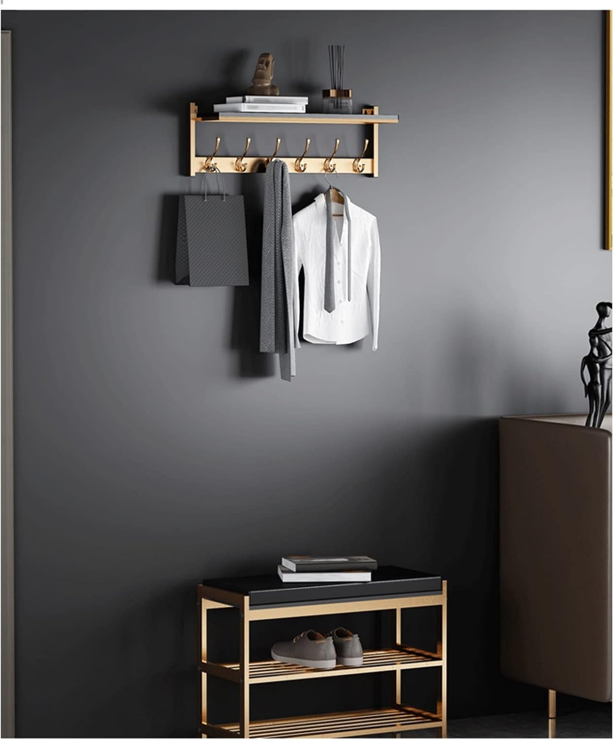 Gold And Grey Wall Mounted Coat Rack with 6 Hooks