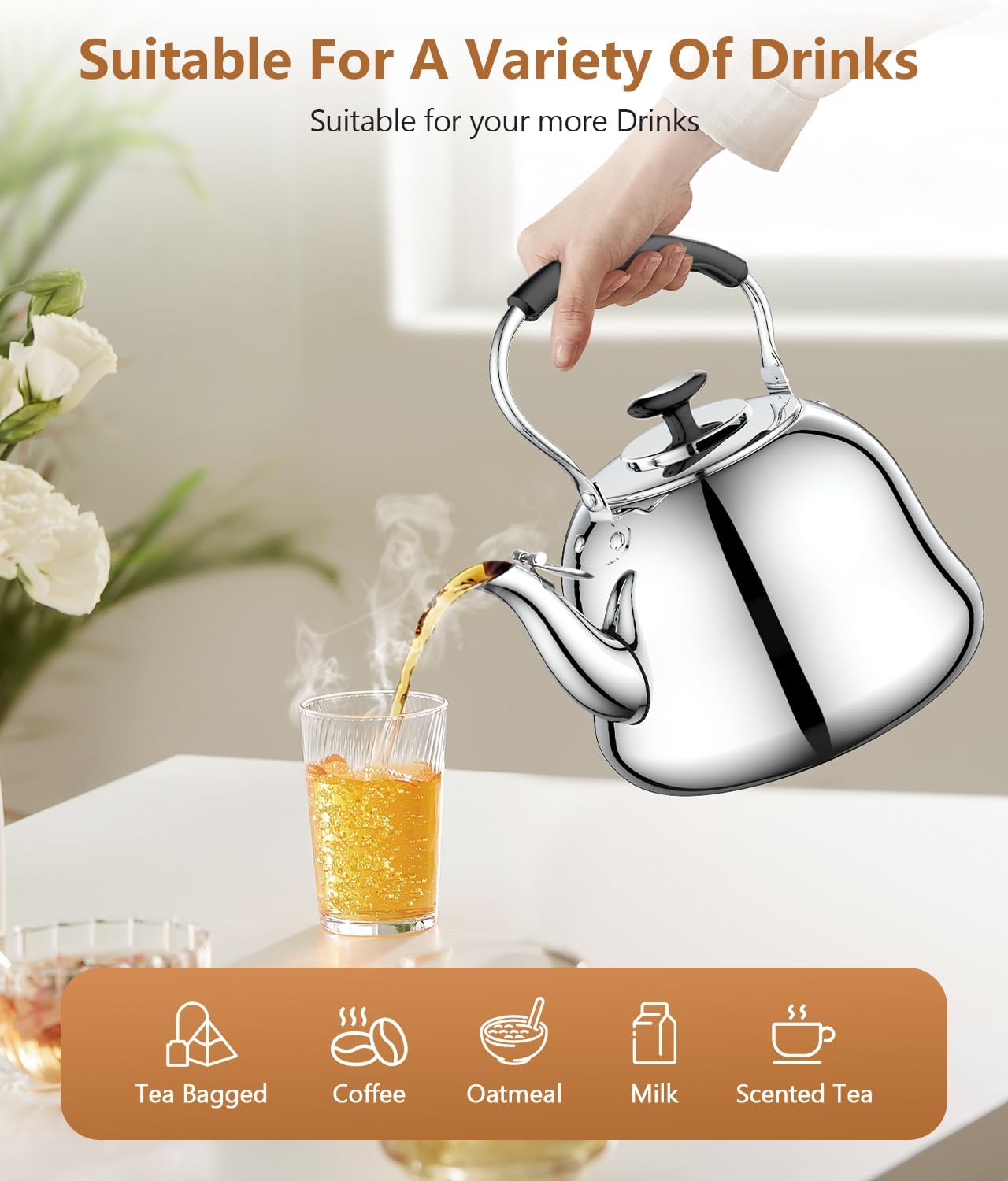 2L Whistling Stovetop Tea Kettle - Durable Stainless Steel with Anti-Scald Handle