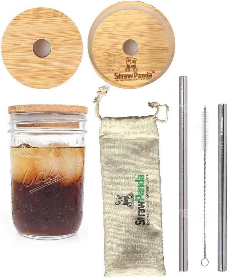 StrawPanda Bamboo Mason Jar Lids with Straw Hole 4 Wide Mouth Lids