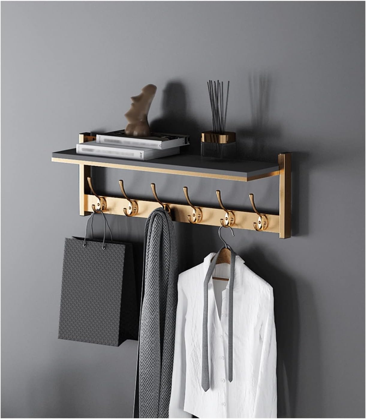 Gold And Grey Wall Mounted Coat Rack with 6 Hooks
