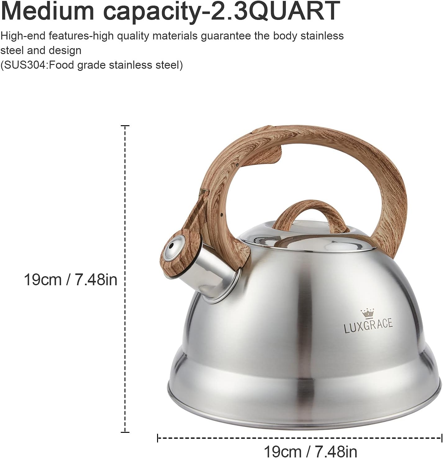 LUXGRACE 23 Qt Whistling Tea Kettle with Wood Handle