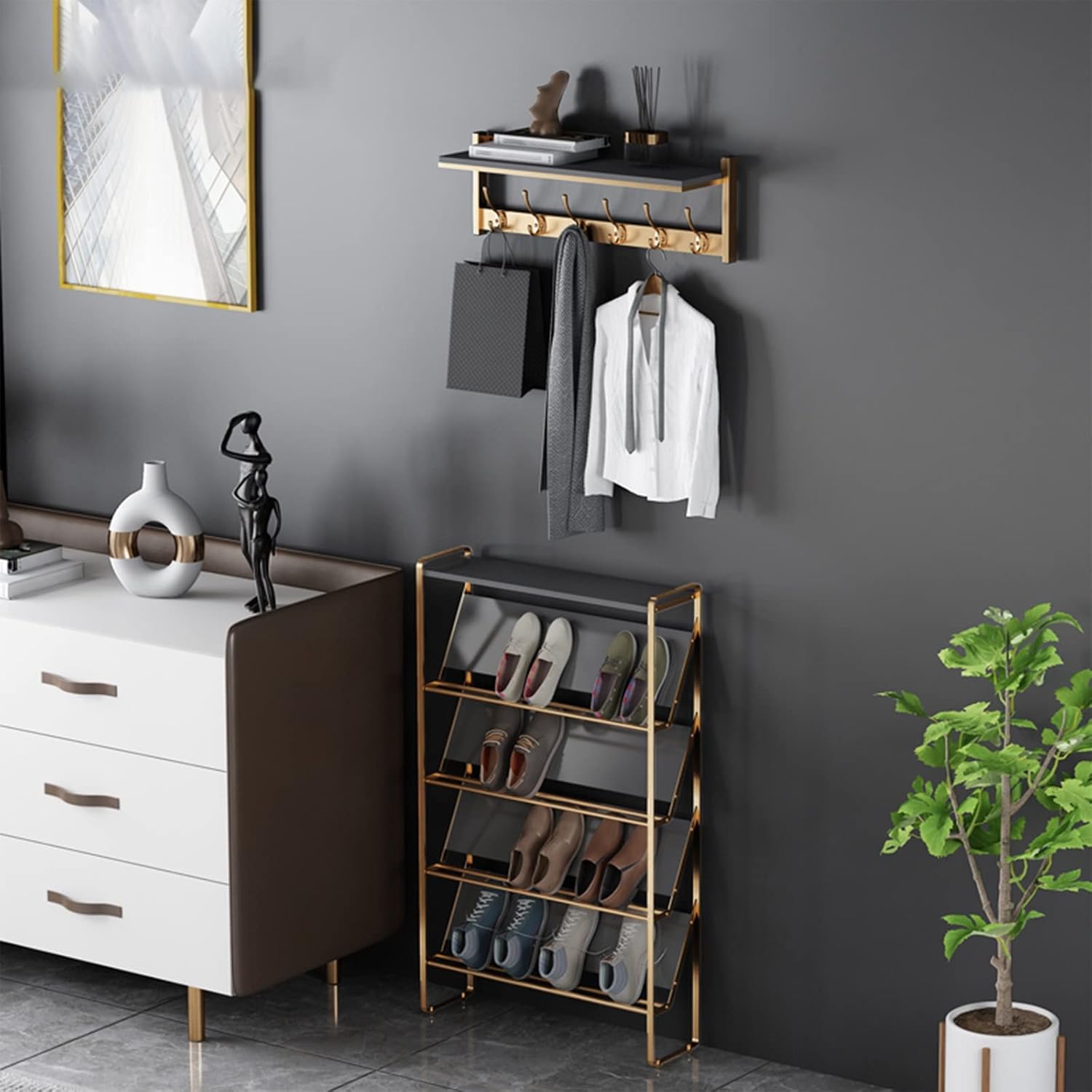 Gold And Grey Wall Mounted Coat Rack with 6 Hooks