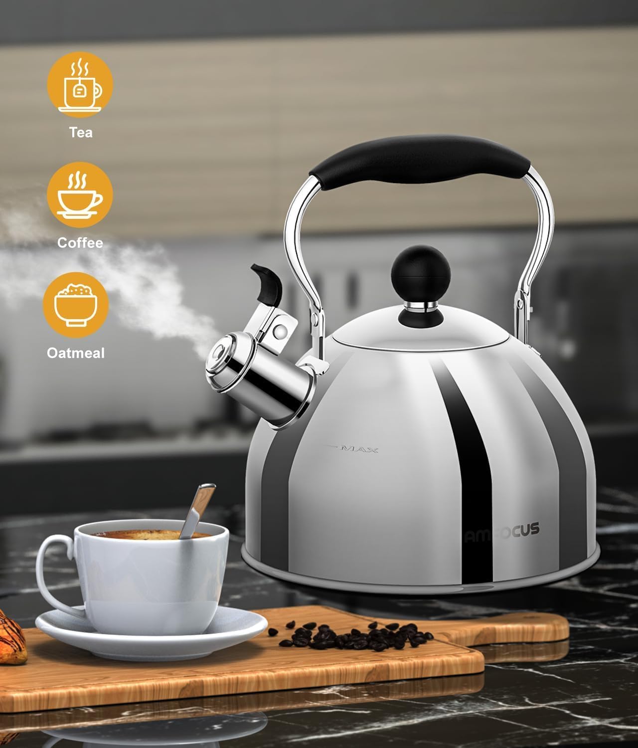 AMFOCUS 2 Quart Whistling Tea Kettle with Folding Handle