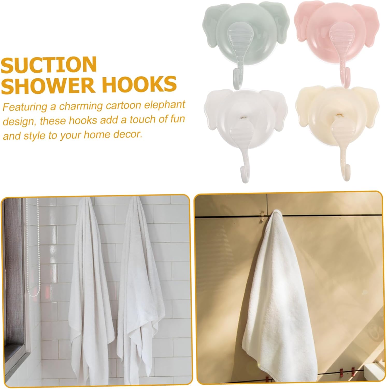 PRETYZOOM 4pcs Cartoon Elephant Suction Cup Hooks No Drill Removable 1
