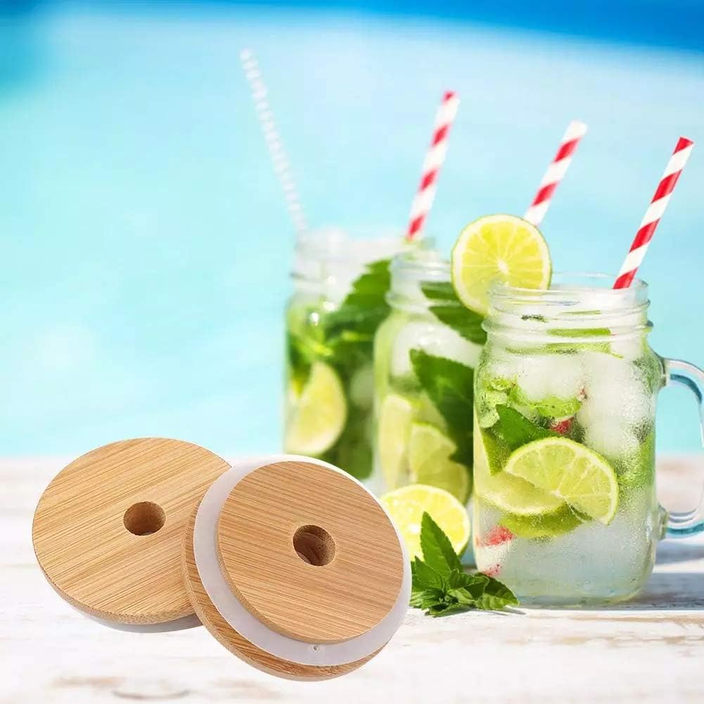 TOUSHI 4Pcs Bamboo Mason Jar Lids with Straw Hole