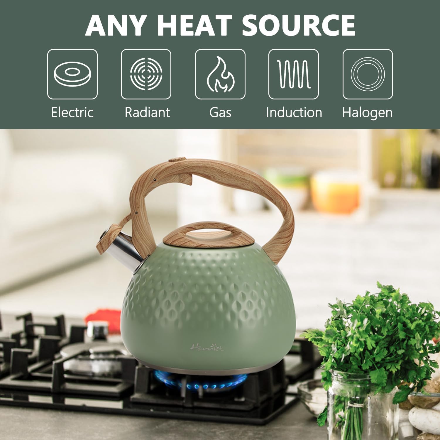 Harriet Tea Kettle 25QT Whistling with 5-Layer Bottom Green