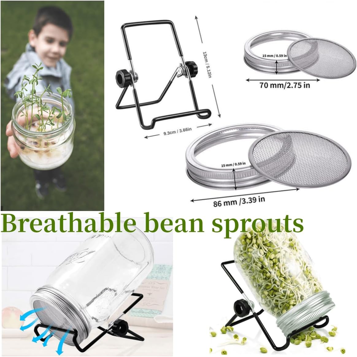 Lulonpon 2pcs Sprouts Growing Jar Kit 86mm 1000ml