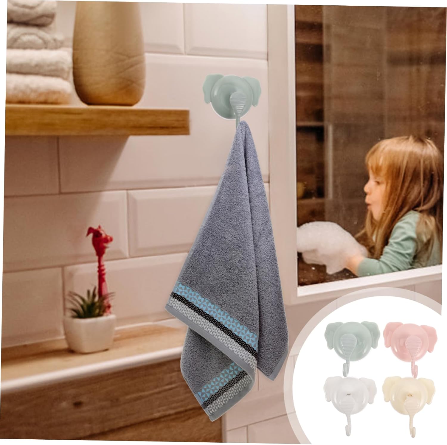 BUGUUYO Removable Suction Cup Hooks 4 Cute Elephant Design