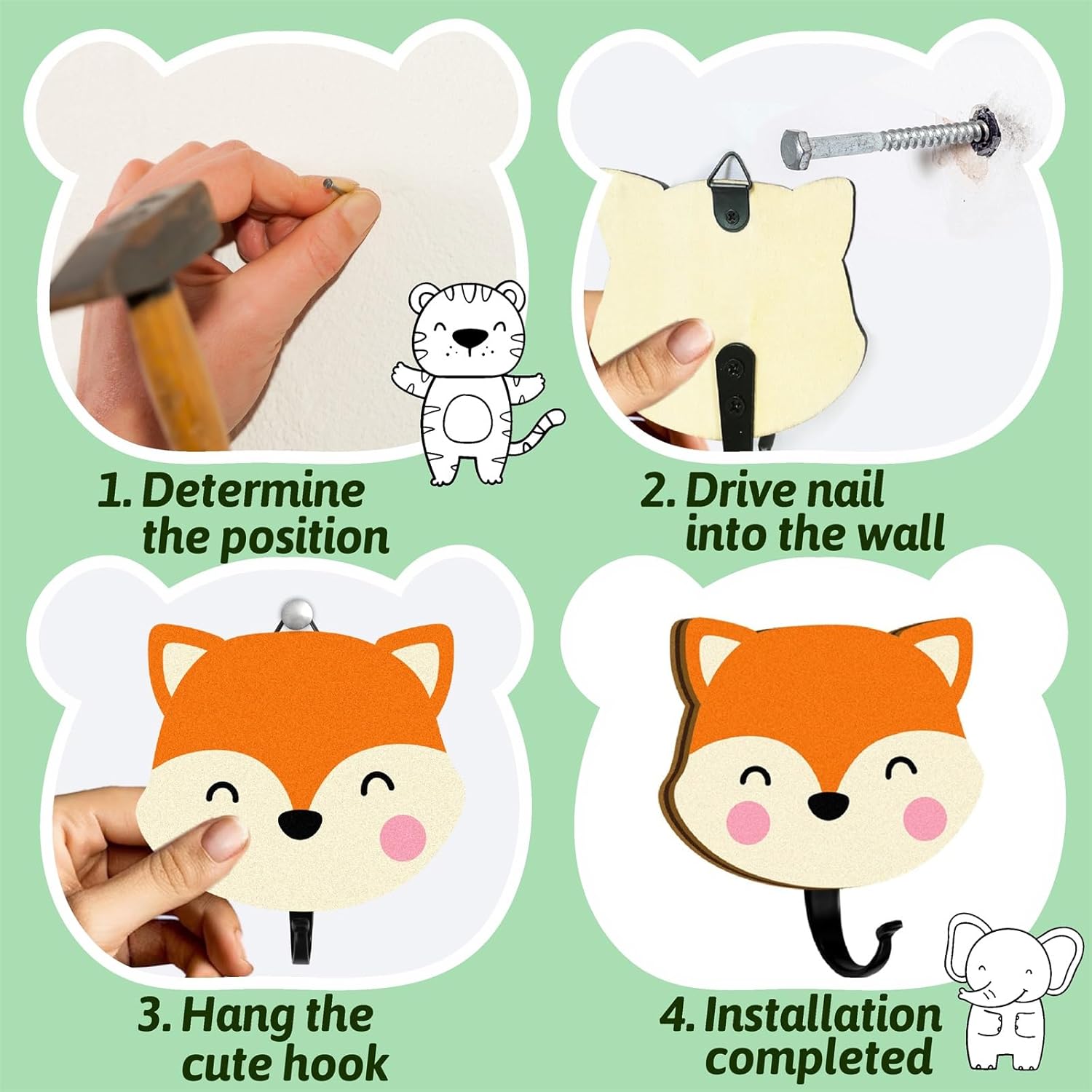 6Pcs Kids Safari Animal Coat Hooks for Wall