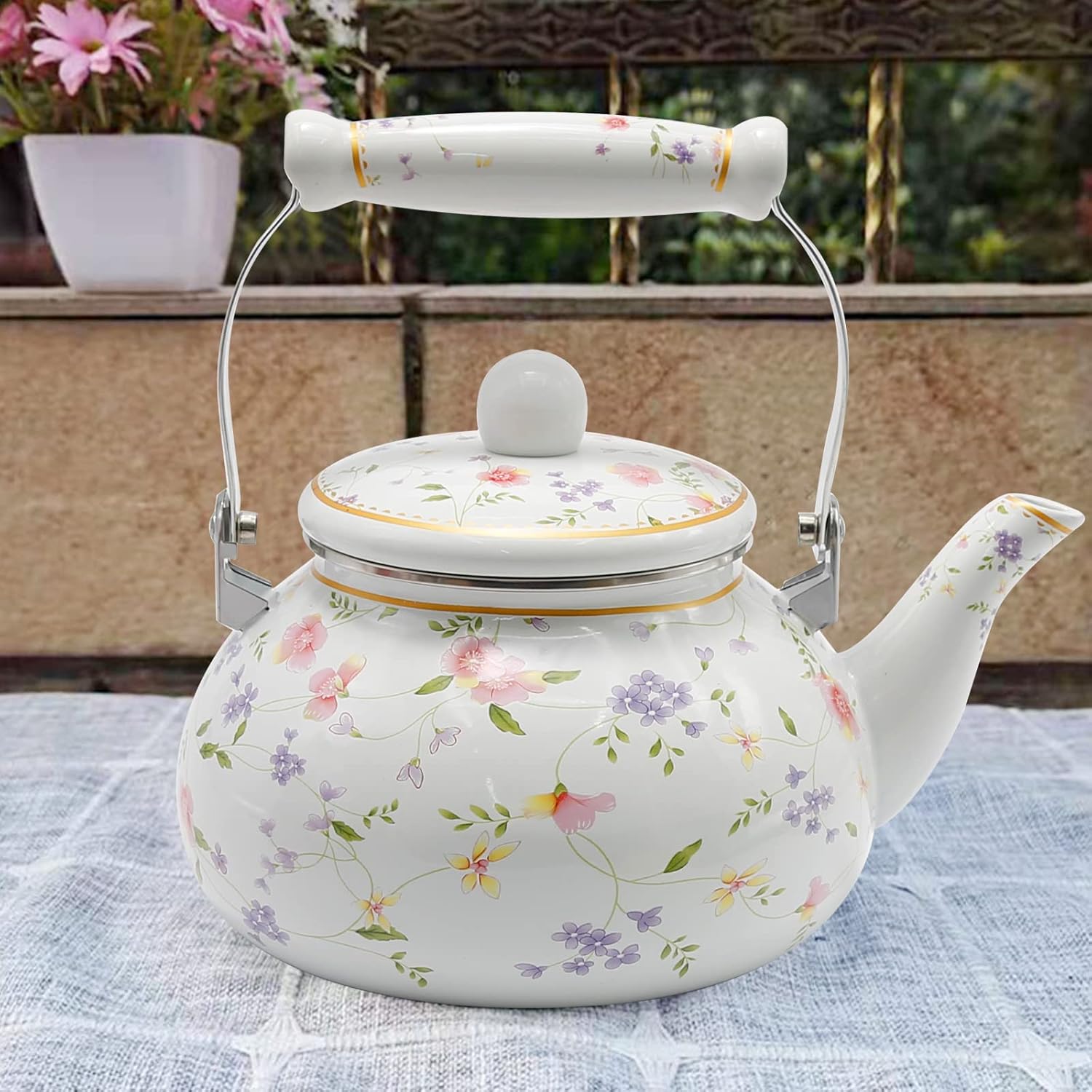 Saihisday Enamel Teakettle with Green Rose Design