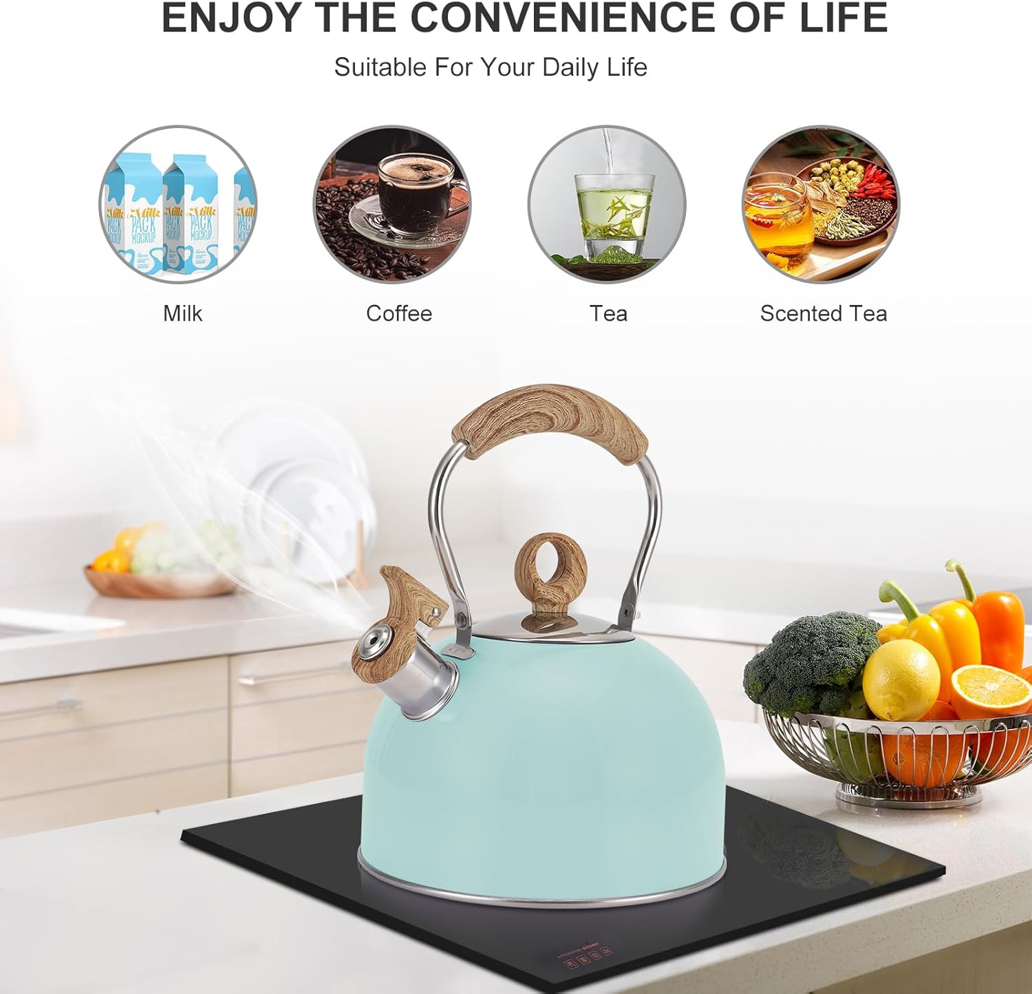Vegoran 85 OZ Whistling Tea Kettle with Wood Handle 1