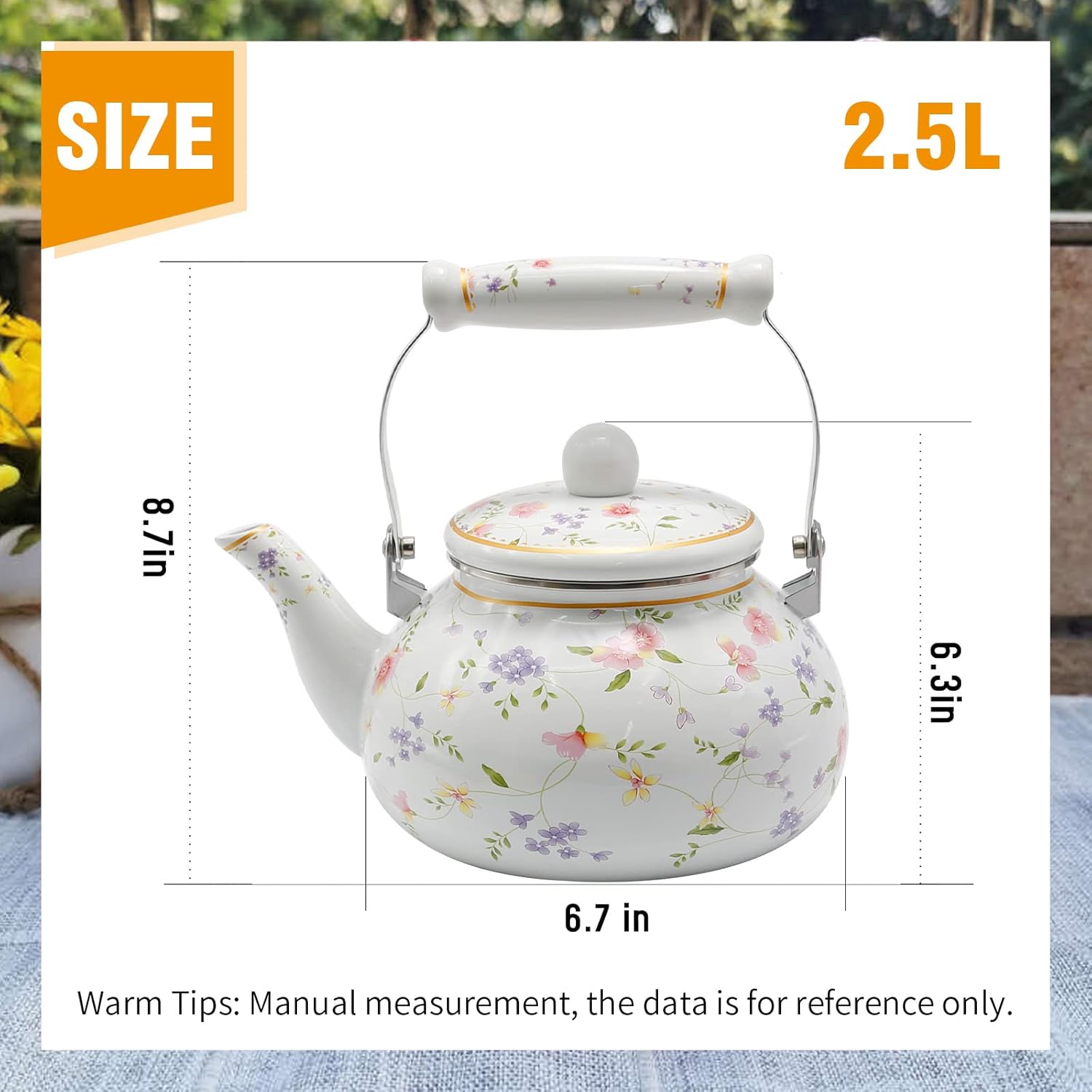 Saihisday Enamel Teakettle with Green Rose Design