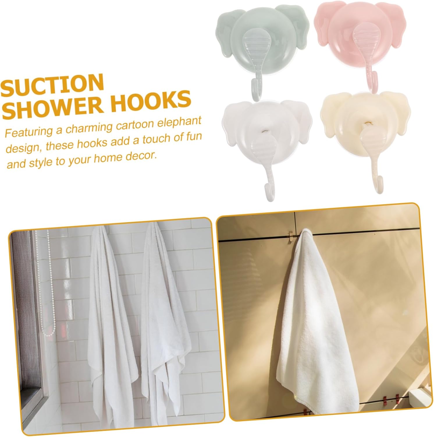 BUGUUYO Removable Suction Cup Hooks 4 Cute Elephant Design