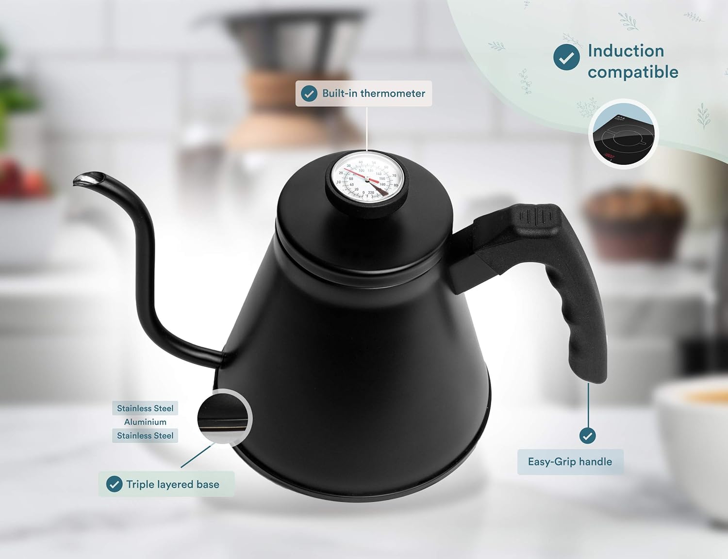 Kook Gooseneck Kettle with Thermometer 27 oz Black