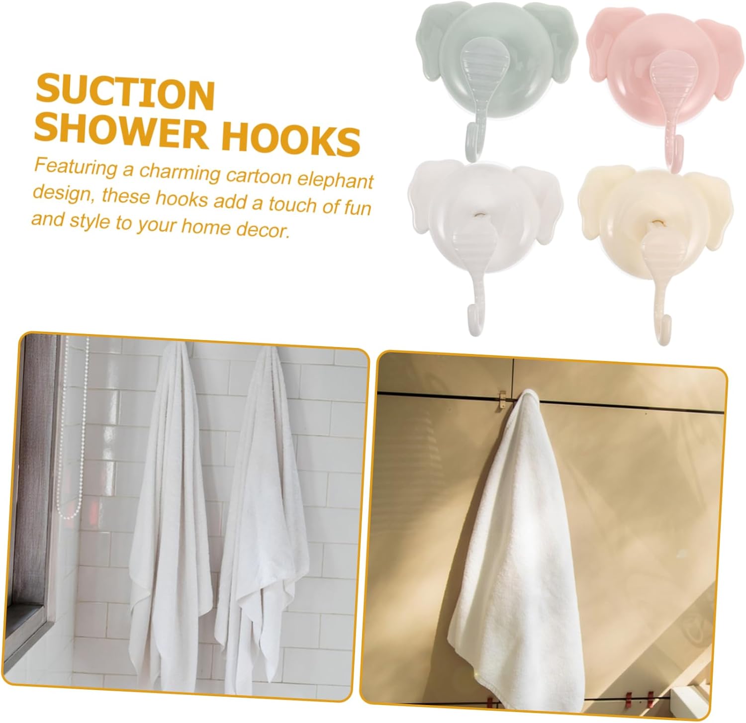 Cabilock Bathroom Suction Cup Hooks 4pcs Elephant Design No Drill
