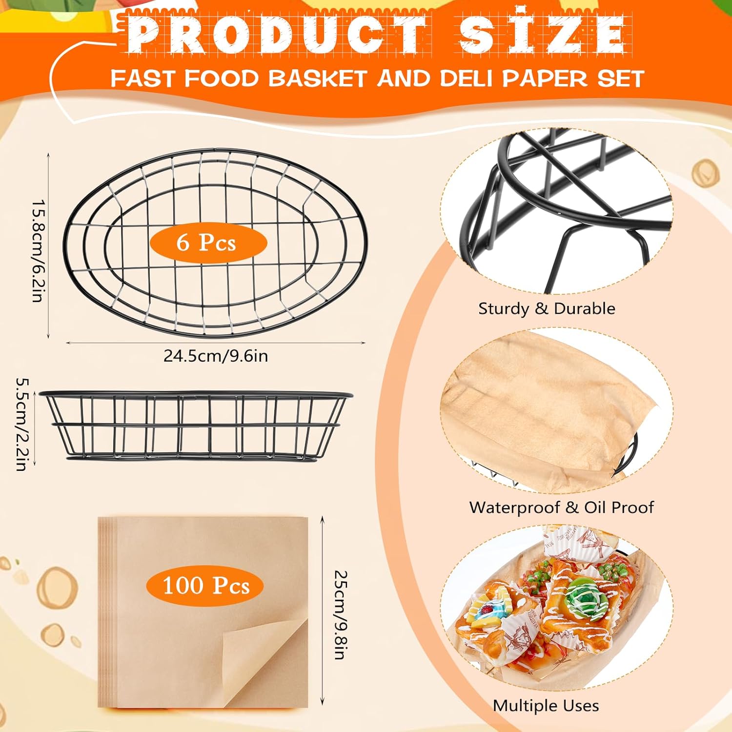 6 Pcs Metal Wire Bread Baskets with 100 Sheets Deli Wrappers