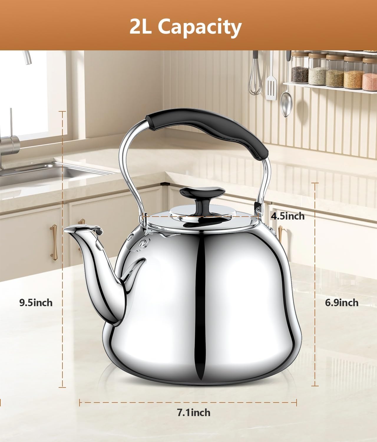 2L Whistling Stovetop Tea Kettle - Durable Stainless Steel with Anti-Scald Handle